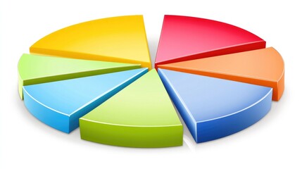 A rotating 3D pie chart with bold colors and segmented slices, representing different market shares. The chart is displayed against a white background with light reflections.