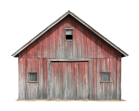 old rustic red wooden barn isolated on white background, weathered wood barn cutout png