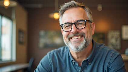 Fototapeta premium Smiling senior man in casual shirt and glasses in cozy indoor workspace