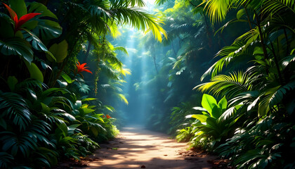 Lush Tropical Rainforest Path: Sunlight Illuminates a Serene Jungle Trail