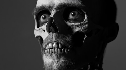 Close-up monochrome portrait of a man with skull makeup, wide eyes looking up.