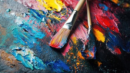 Fototapeta premium Close-up of vibrant paint and two artist brushes on a textured canvas surface.