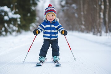 Child enjoying his first skiing experience in a snowy winter landscape