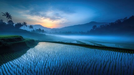 Fototapeta premium A serene image of rice fields reflecting the soft hues of dawn, with mist rising from the ground, capturing the tranquility of rural mornings