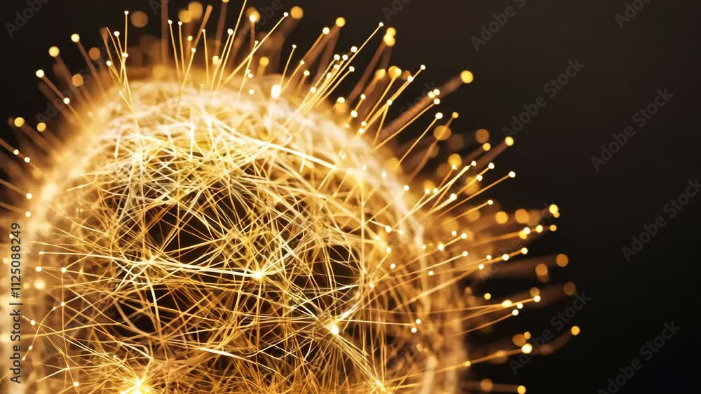 Poster abstract golden spheres with light patterns on dark background for creative visual projects
