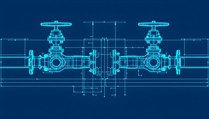 Engineering Blueprint: Detailed Technical Drawing of Industrial Valves and Pipe System