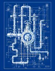Intricate Industrial Piping System Blueprint: A Detailed Engineering Diagram of Complex Machinery and Valves