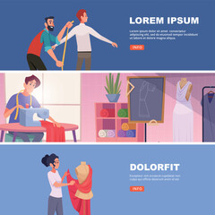 tailors. sewing characters making fashioned clothes. vector horizontal banners