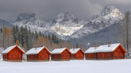 Fototapeta premium Cozy wooden cabins in snowy landscape with majestic mountains in background create serene winter scene. Perfect for winter retreats and nature lovers