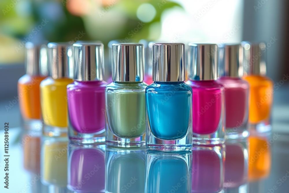 Aufkleber multiple nail polish bottles in vibrant colors reflecting on a table surface, creating a playful and