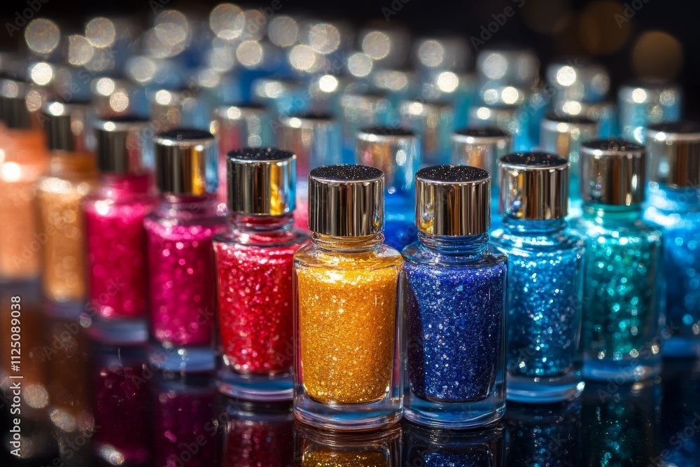 Poster many small jars filled with colorful glitter create a vibrant and sparkling display