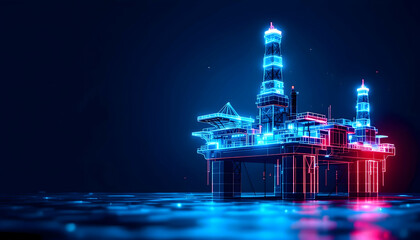 Futuristic Offshore Oil Rig Digital Rendering Neon Blue Red Wireframe 3D Model Energy Industry Technology Innovation