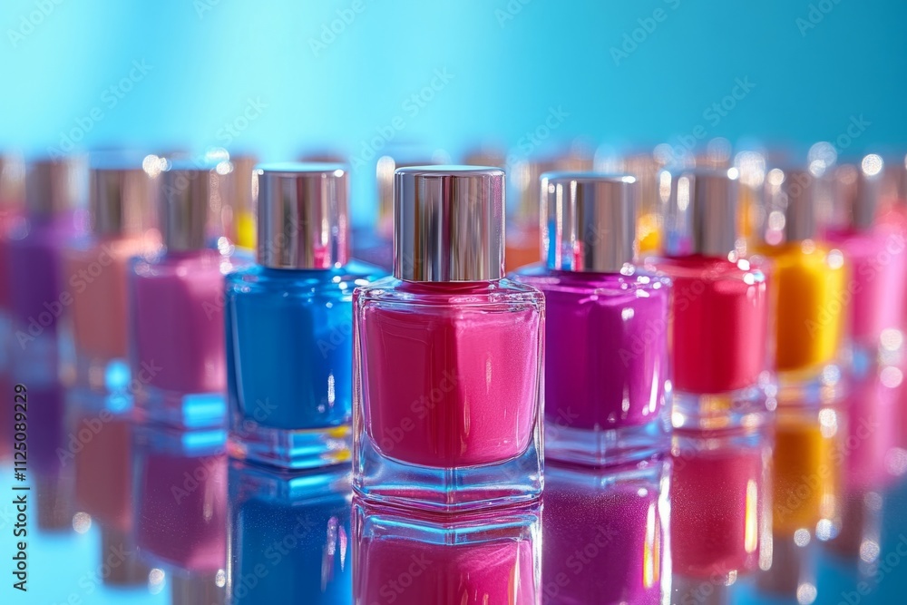 Poster colorful glitter nail polish bottles arranged in a row, creating a vibrant and sparkling display