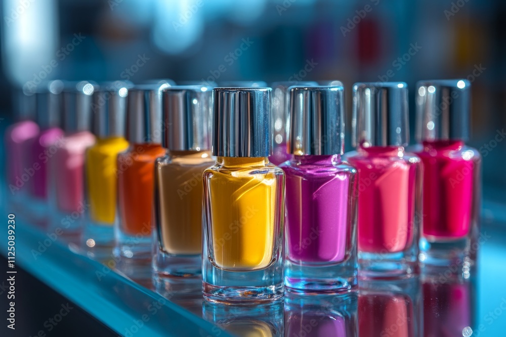 Poster many nail polish bottles standing in a row, creating a vibrant display of color