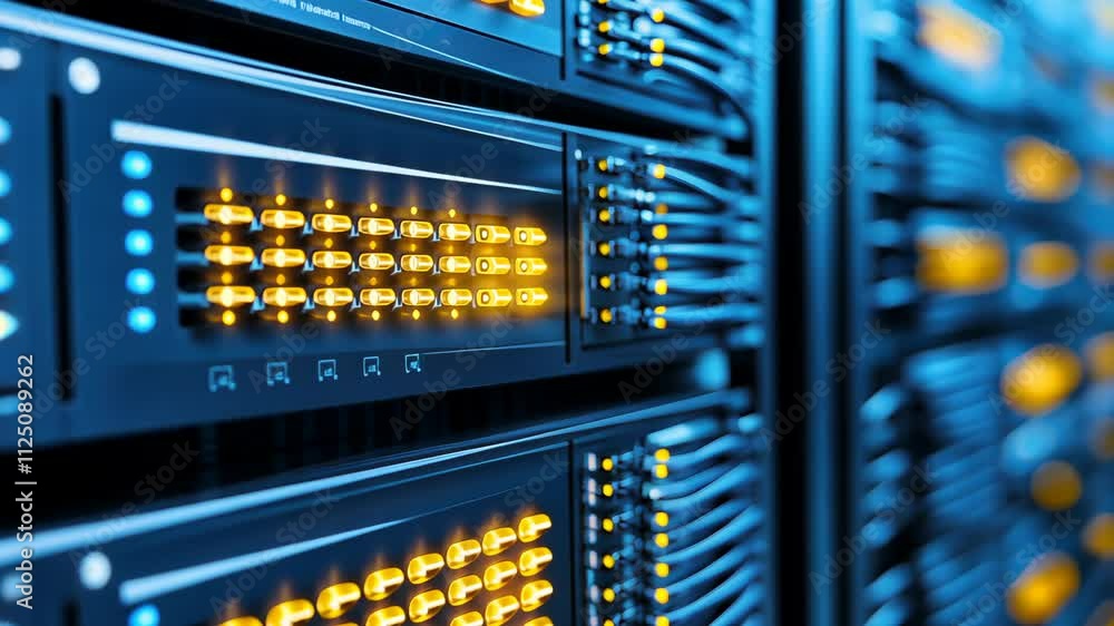 Poster high-detail close-up of data center rack with illuminated network cables and servers