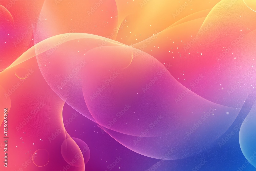 Poster smooth curves and sparkling particles create a dreamy, vibrant backdrop