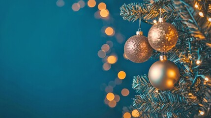 Festive Blue Background with Glowing Christmas Ornaments