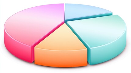 Obraz premium A sleek 3D pie chart with glossy segments in various shades of red, blue, and green. The chart is set against a minimal white background, with subtle shadows for depth.