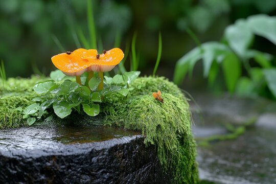 A thriving forest floor scene, with mushrooms growing on fallen logs, moss covering rocks, and insects busy at work