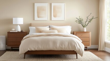 Chic Bedroom with Mocha Mousse Walls and Beige Bedding