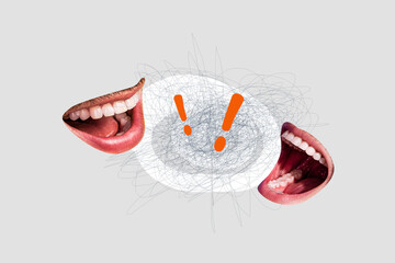 Composite photo collage of two faceless mouth speak together exclamation mark scribble communication isolated on painted background