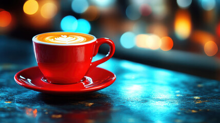 Obraz premium vibrant red coffee cup sits on table, showcasing beautifully crafted latte art against blurred, colorful background. warm tones evoke cozy atmosphere