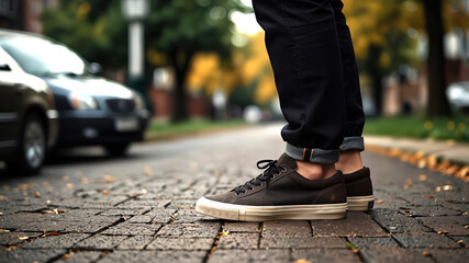 Męskie buty na chodniku w miejskim otoczeniu, codzienny styl i życie miasta