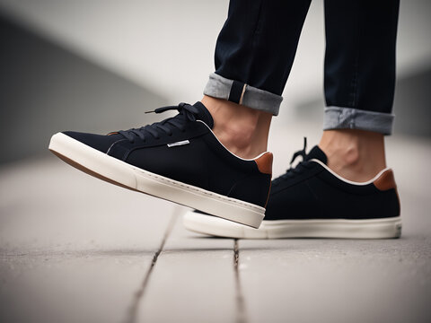 Czarne sneakersy w stylu casual, detal obuwia w miejskim otoczeniu