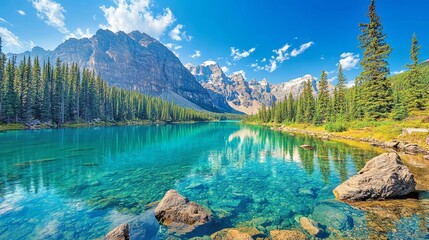 Majestic Emerald Lake Surrounded by Towering Snow Capped Mountains and Lush Evergreen Forests