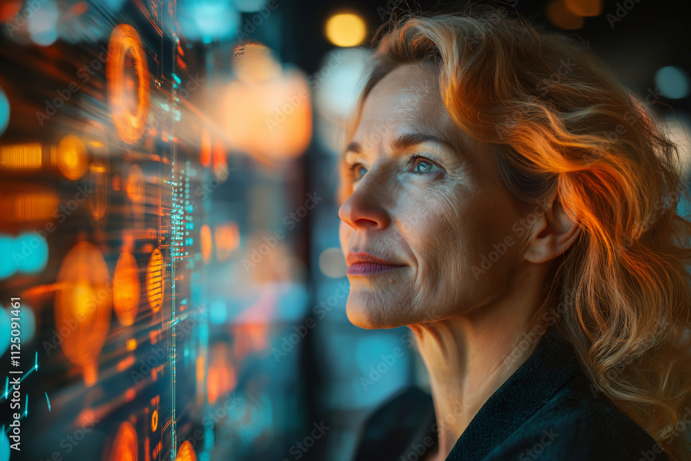 Poster woman observing digital data visualization in a modern environment. generative ai
