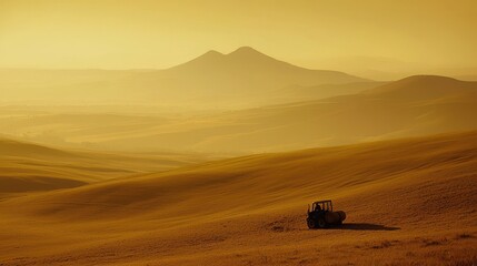 Fototapeta premium Tranquil Farmland Landscape with Tractor Against Golden Sunset and Rolling Hills
