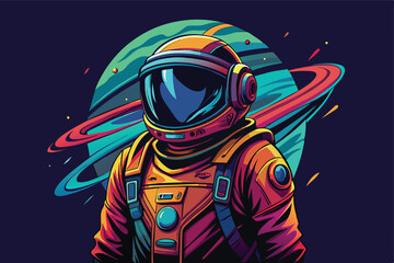astronaut flying around the outer space planet. vector design illustration