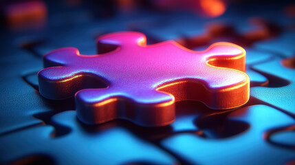 vibrant, glossy puzzle piece stands out against dark background, showcasing its unique shape and colorful reflections. This evokes sense of creativity and problem solving