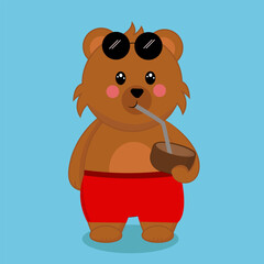 Hand Draw Cute Bear on holiday enjoying with coconut drinks, Funny cartoon bear character drinking coconut having fun and relaxing