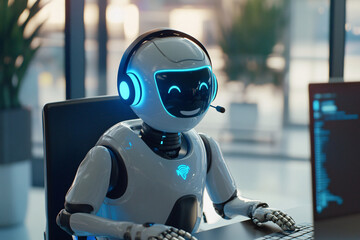 A robot assistant in a contact center, smiling and helping, representing AI’s contribution to enhancing customer service and boosting efficiency