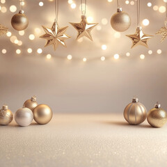 A cozy Happy New Year backdrop with warm tones of beige and gold. The design features softly glowing string lights hanging across the top, with scattered festive ornaments like golden stars and bauble