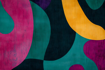 Organic shapes interwoven into a repeating pattern. Contemporary art style, bold color palette of teal, magenta, and mustard. Abstract background