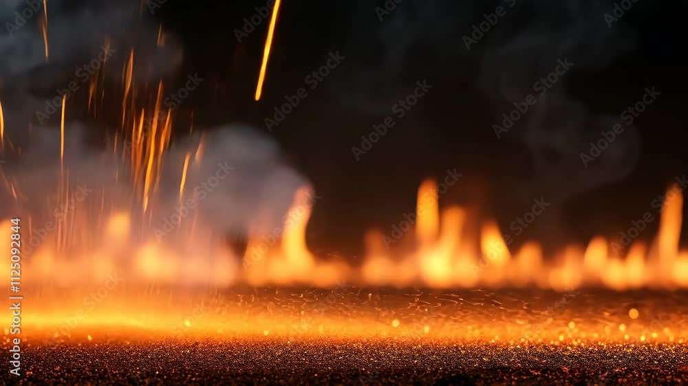 Poster abstract fire and smoke patterns with bright glowing particles in dark background