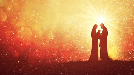 Fototapeta premium Silhouetted Couple Embracing in Glowing Sunset Landscape