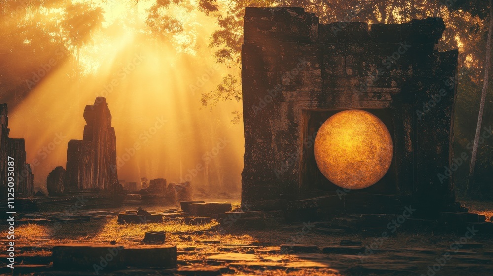 Poster surreal large orb casting long shadows against ancient ruins in a foggy forest with soft lighting an