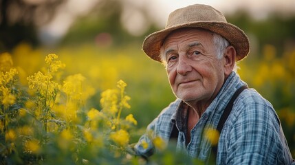 Elderly Farmer Posing Amidst Yellow Flowers