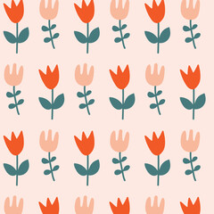 Seamless hand drawn floral pattern of stylized tulips in earthy tones of red, peach, and green, arranged on a light beige background. For textile design, wallpaper, gift wrapping, and stationery.