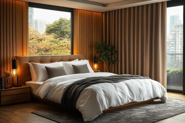 Fototapeta premium Stylish bedroom with automatic curtains opening to a beautiful morning view