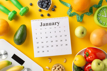 A January calendar surrounded by fresh fruits, vegetables, and fitness items, symbolizing a healthy...