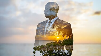 man standing in front of a mirror, his reflection overlaid with an image of a romantic sunset, symbolizing self-reflection and understanding in dating. [men's]:[dating advice] 