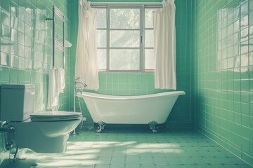 Bright green tiled bathroom with vintage bathtub and soft natural light in trendy interior design