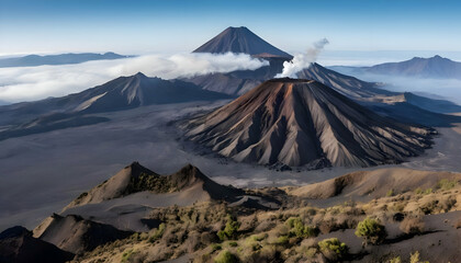 Majestic Volcanic Landscape: Breathtaking Panoramic View of Active Volcanoes in Indonesia