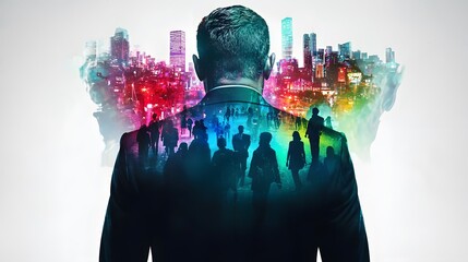confident man in a suit with a double exposure of a vibrant cityscape filled with social events and romantic moments, symbolizing dating tips in a fast-paced world. [men's]:[dating advice] 