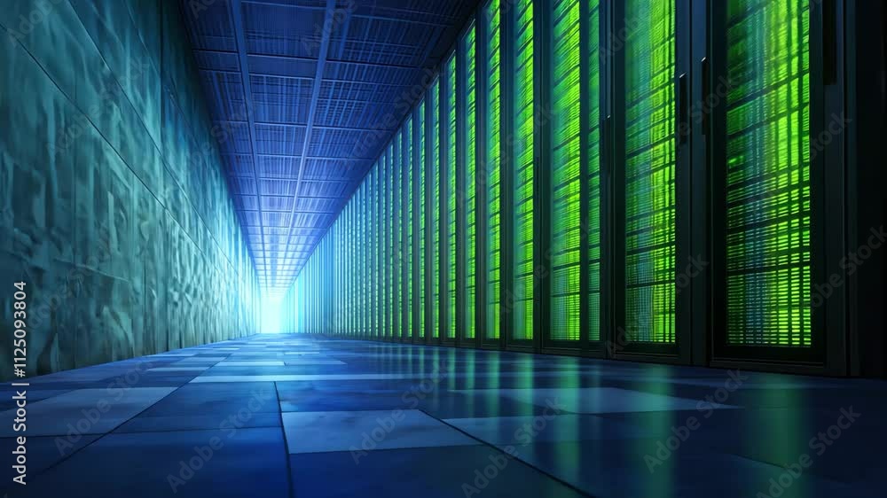 Aufkleber futuristic data center with bright lights and rows of servers and storage units