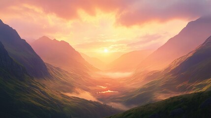 A sweeping landscape of a valley with mountains on either side, bathed in warm hues of orange and pink as the sun rises, creating a beautiful morning vista